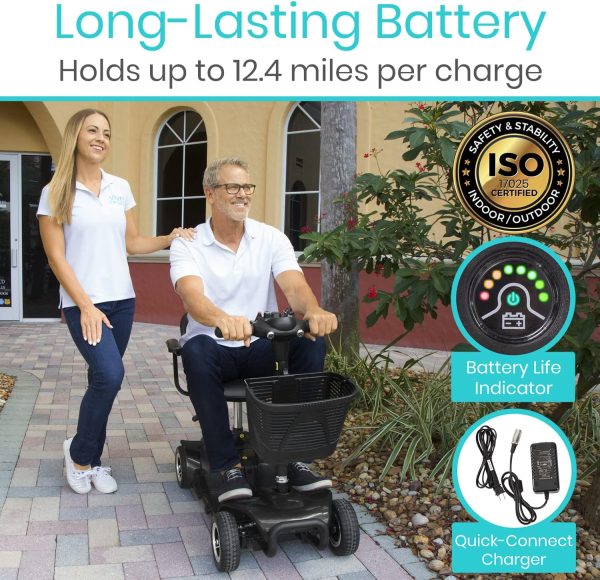 Vive 4 Wheel Mobility Scooter - Electric Powered Wheelchair Device - Compact Heavy Duty Mobile for Travel, Adults, Elderly - Long Range Power Extended Battery with Charger & Basket