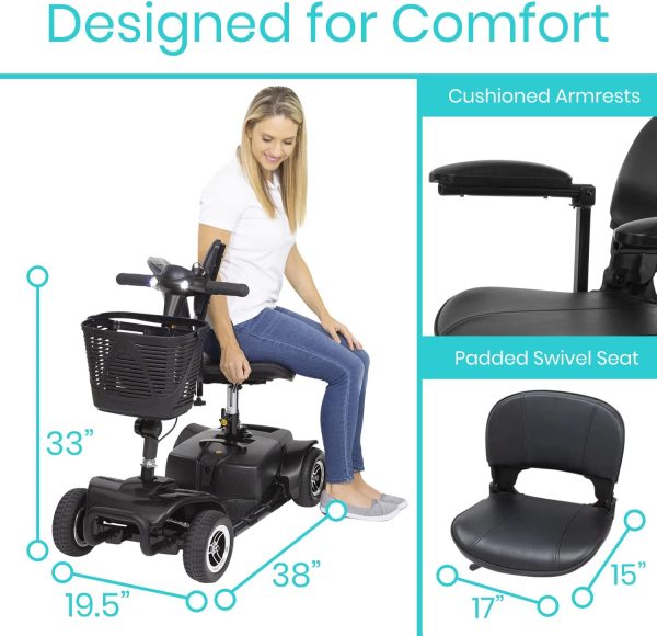 Vive 4 Wheel Mobility Scooter - Electric Powered Wheelchair Device - Compact Heavy Duty Mobile for Travel, Adults, Elderly - Long Range Power Extended Battery with Charger & Basket
