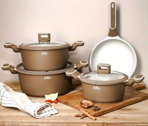 Julia Elite Prof Brown Granite Cookware Set 7 Pieces Nonstick Durable Easy Clean Heat Resistant Includes Casserole 20cm 24cm 28cm And Frying Pan 24cm Perfect Kitchen Set For Daily Healthy Cooking