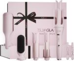 5 in 1 Auto Curling Iron Set with Interchangeable Barrels - 1", 1.25", 1.5" Curling Wand, Hair Crimper & Straightening Brush, Rotating Ceramic Curler, 3 Temp, Dual Voltage, Anti-Scald, Pink