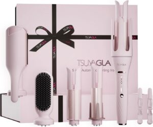 5 in 1 Auto Curling Iron Set with Interchangeable Barrels - 1", 1.25", 1.5" Curling Wand, Hair Crimper & Straightening Brush, Rotating Ceramic Curler, 3 Temp, Dual Voltage, Anti-Scald, Pink
