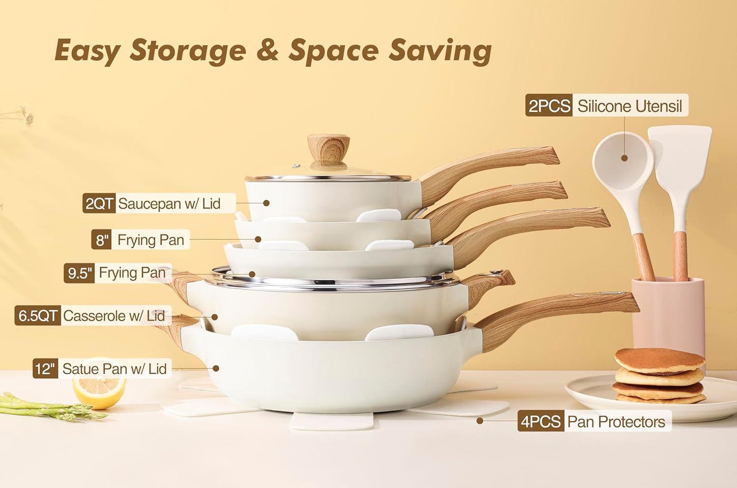 SENSARTE Ceramic Cookware Sets, Pots and Pans Set Non stick, 14 Piece Induction Cookware, Non toxic Healthy Non Stick Kitchen Cooking Set, with Frying Pans Set, PFAS PTFE PFOA PFOS Free - Image 3
