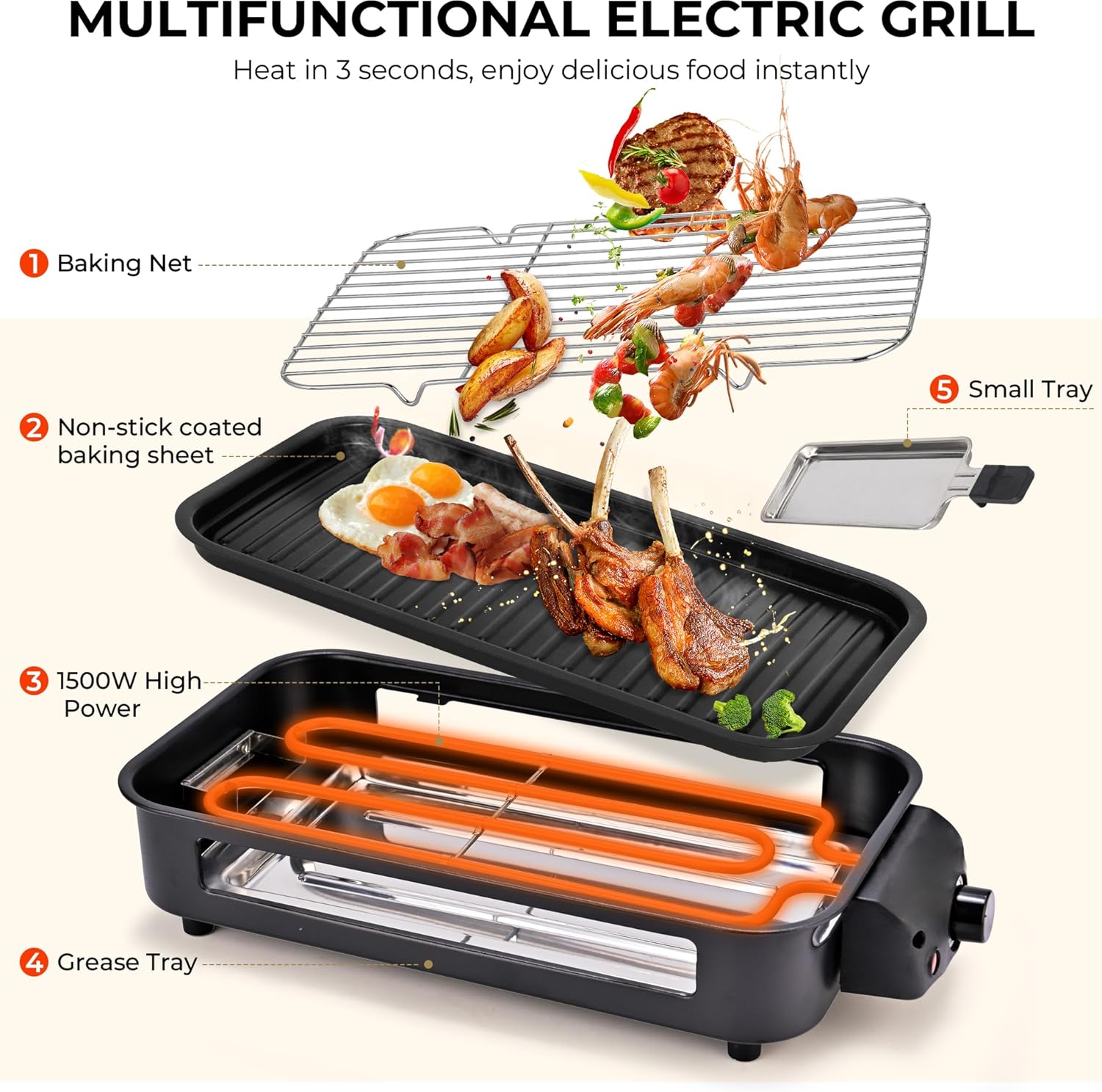 Pukomc Electric Indoor Grill,2 in 1 Indoor Grills for Kitchen | Smokeless Grill Net & Non-Stick Cooking Removable Plate, Temperature Control, Dishwasher Safe, 1700W Black - Image 4