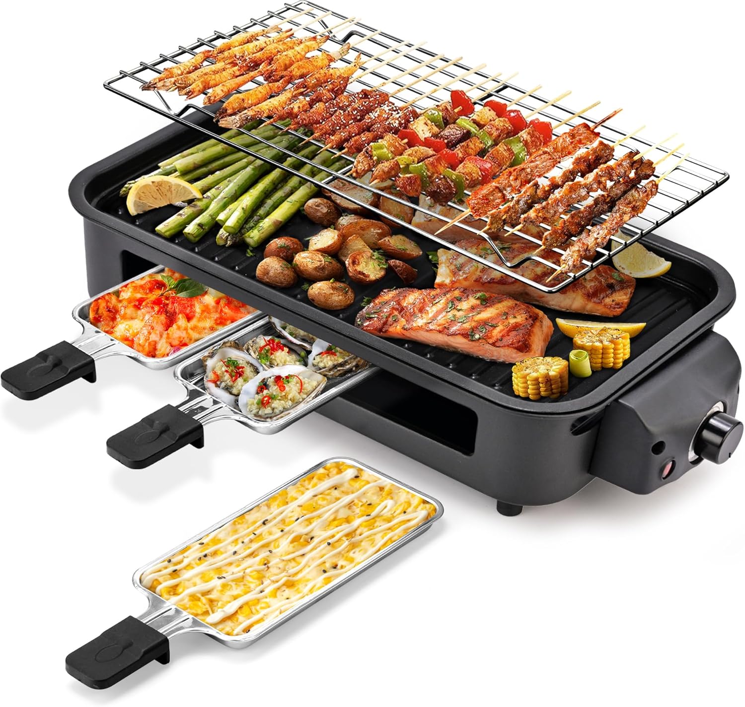Pukomc Electric Indoor Grill,2 in 1 Indoor Grills for Kitchen | Smokeless Grill Net & Non-Stick Cooking Removable Plate, Temperature Control, Dishwasher Safe, 1700W Black